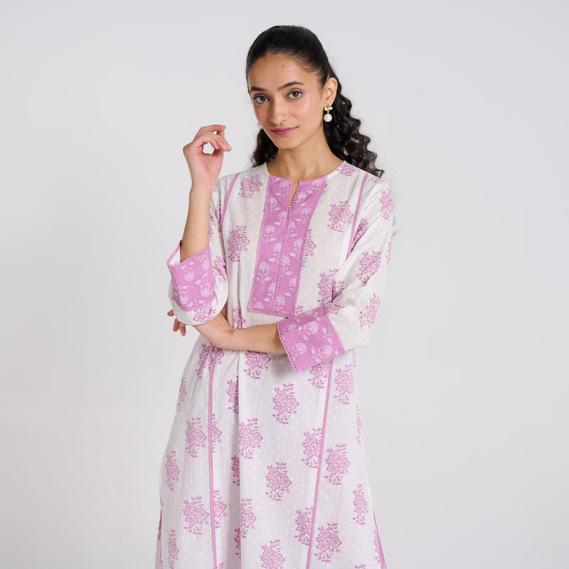 Lavender Sanganeri Pure Cotton Kurta Pant Set with Lace Detail