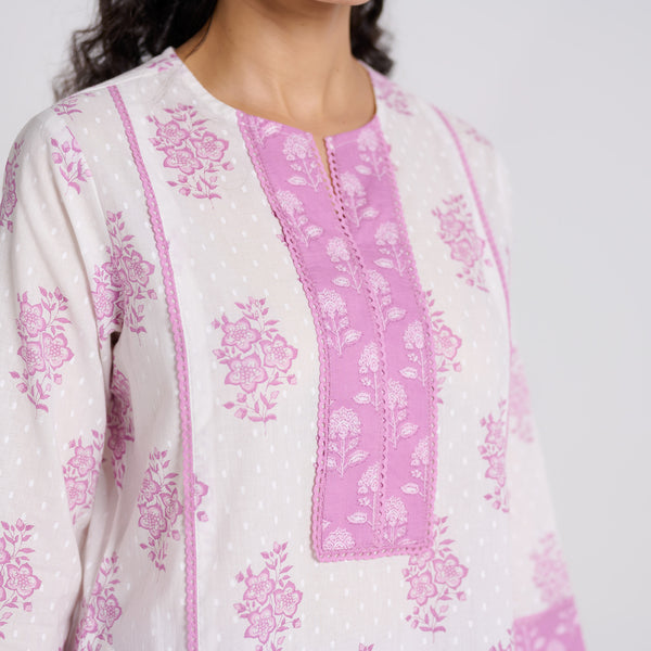 Lavender Sanganeri Pure Cotton Kurta Pant Set with Lace Detail