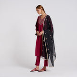 Maroon Blue Embroidered Amara Velvet Kurta Set with Dupatta