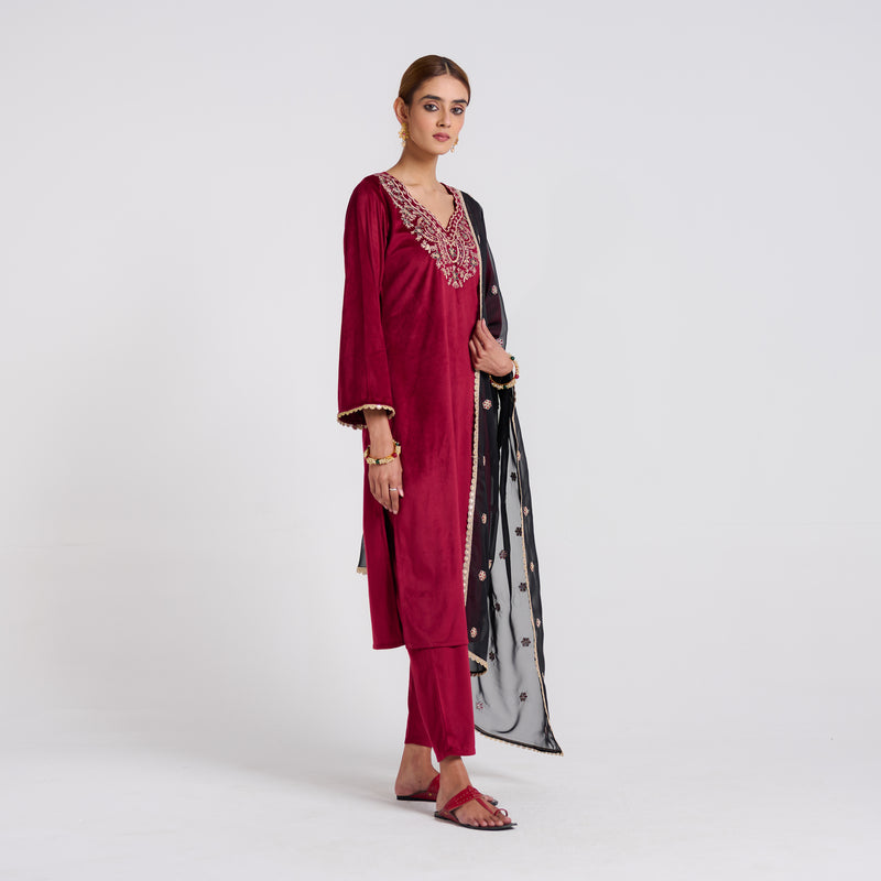 Maroon Blue Embroidered Amara Velvet Kurta Set with Dupatta