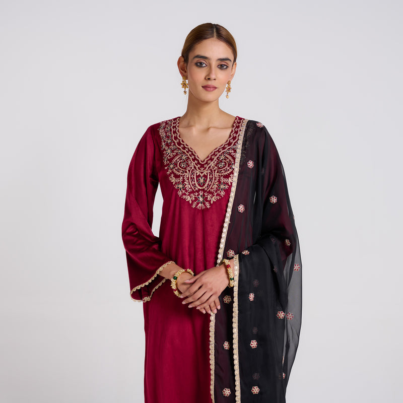 Maroon Blue Embroidered Amara Velvet Kurta Set with Dupatta