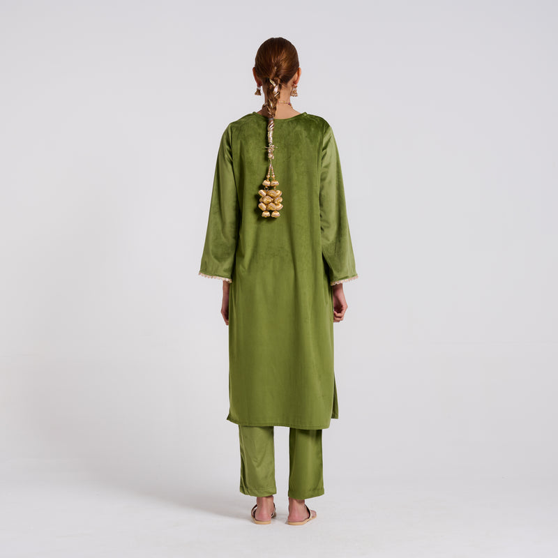 Olive Embroidered Amara Velvet Kurta Pant Set