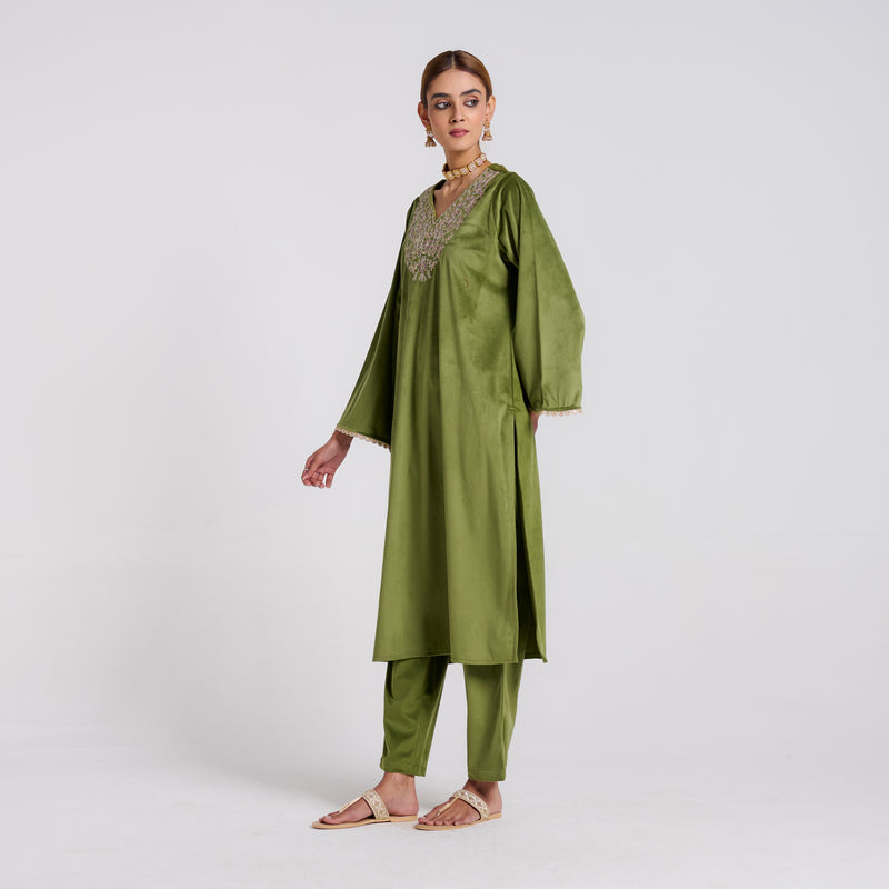 Olive Embroidered Amara Velvet Kurta Pant Set