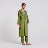 Olive Embroidered Amara Velvet Kurta Pant Set