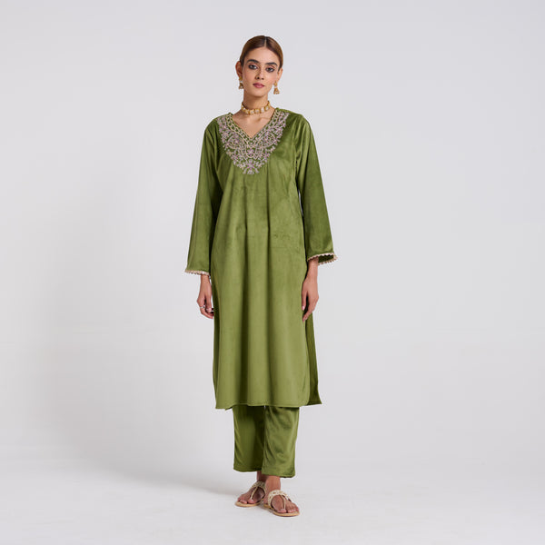 Olive Blue Embroidered Amara Velvet Kurta Pant Set