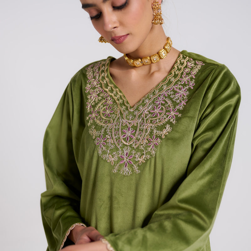 Olive Embroidered Amara Velvet Kurta Pant Set