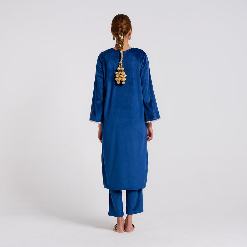 Royal Blue Embroidered Amara Velvet Kurta Pant Set