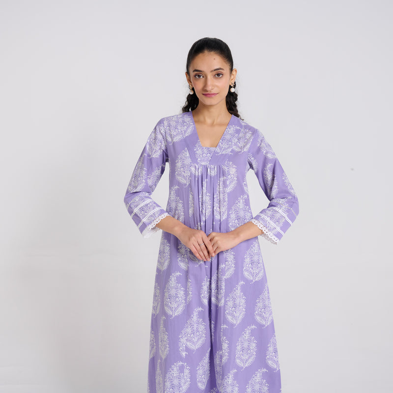 Lavender Pure Cotton Paisley Kurta Pant Set