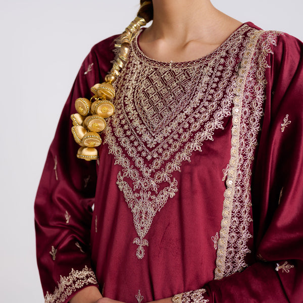 Maroon Embroidered Makhmali Velvet Set with Dupatta