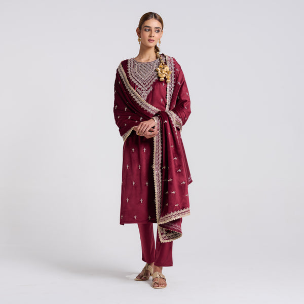 Maroon Embroidered Makhmali Velvet Set with Dupatta