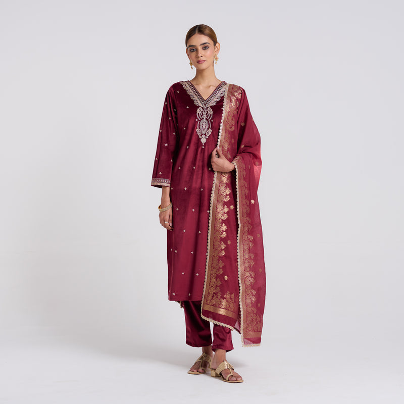 Maroon Varak Embroidered Velvet Set with Brocade Dupatta