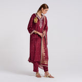 Maroon Varak Embroidered Velvet Set with Brocade Dupatta