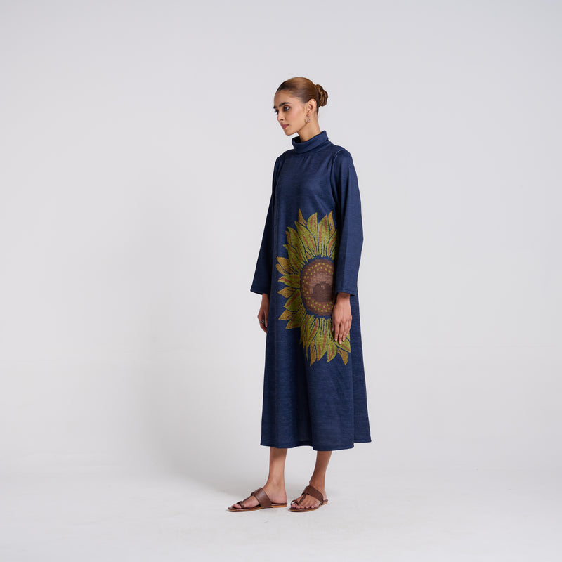 Navy Sunflower Statement Woollen Winter Dress