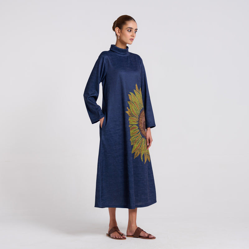 Navy Sunflower Statement Woollen Winter Dress