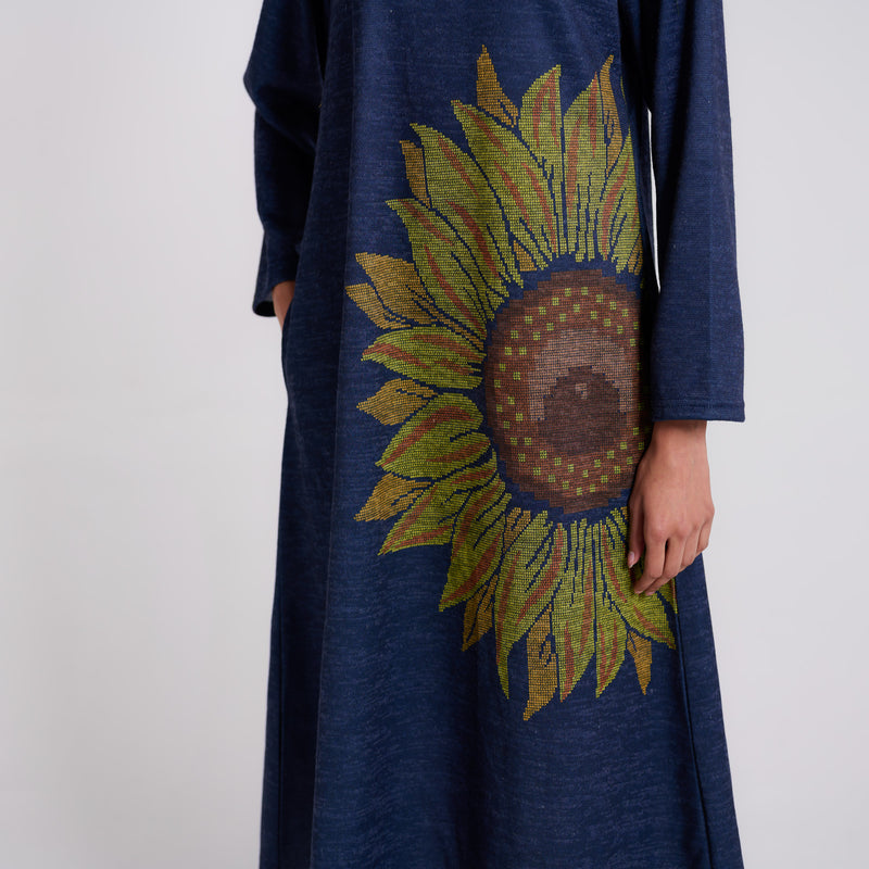 Navy Sunflower Statement Woollen Winter Dress