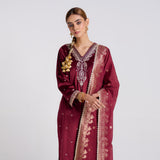 Maroon Varak Embroidered Velvet Set with Brocade Dupatta