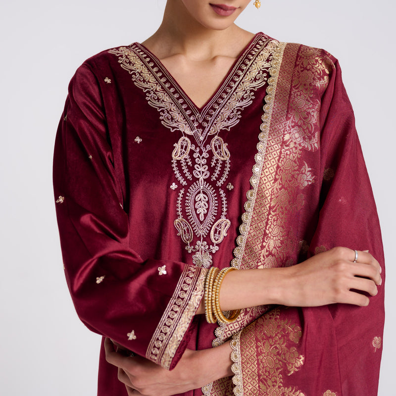 Maroon Varak Embroidered Velvet Set with Brocade Dupatta