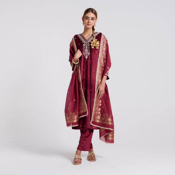 Maroon Varak Embroidered Velvet Set with Dupatta