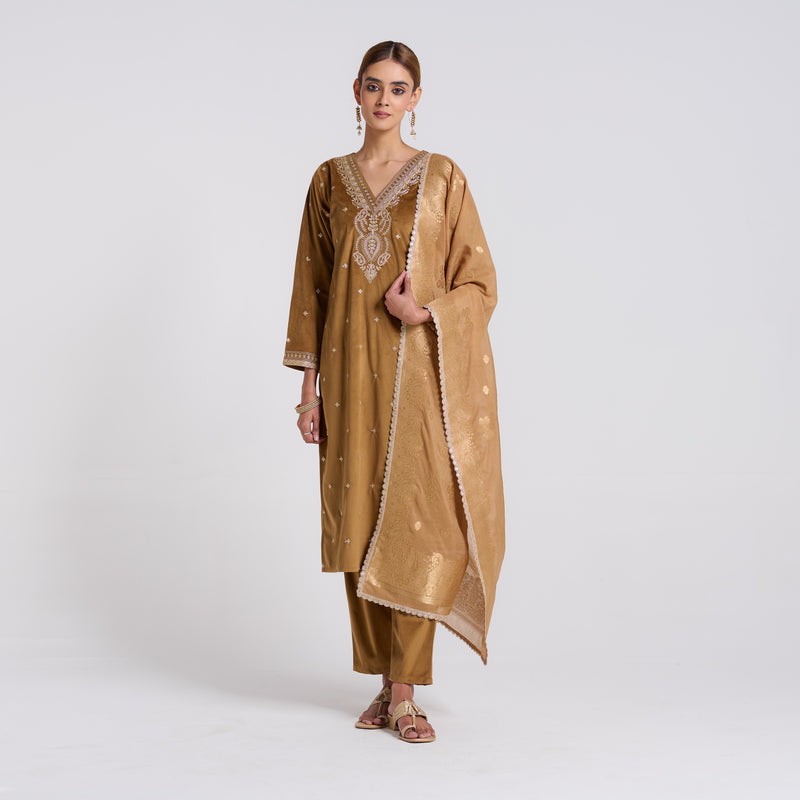 Brown Ochre Varak Embroidered Velvet Set with Brocade Dupatta