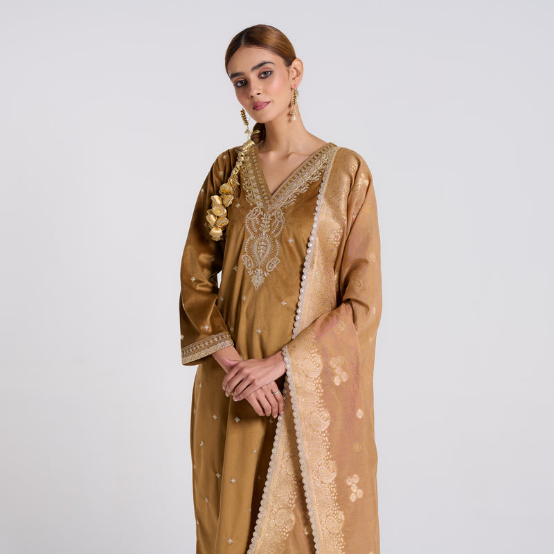 Brown Ochre Varak Embroidered Velvet Set with Brocade Dupatta