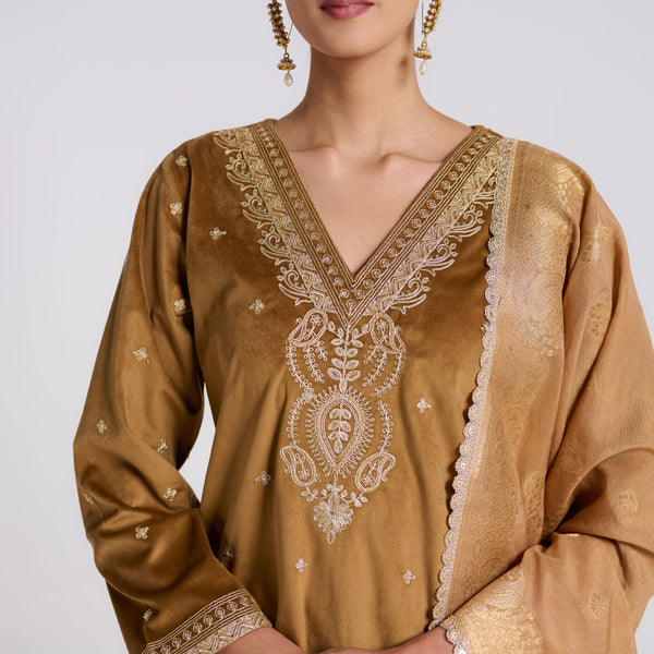 Brown Ochre Varak Embroidered Velvet Set with Dupatta