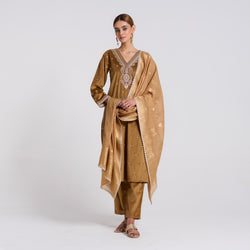 Brown Ochre Varak Embroidered Velvet Set with Brocade Dupatta