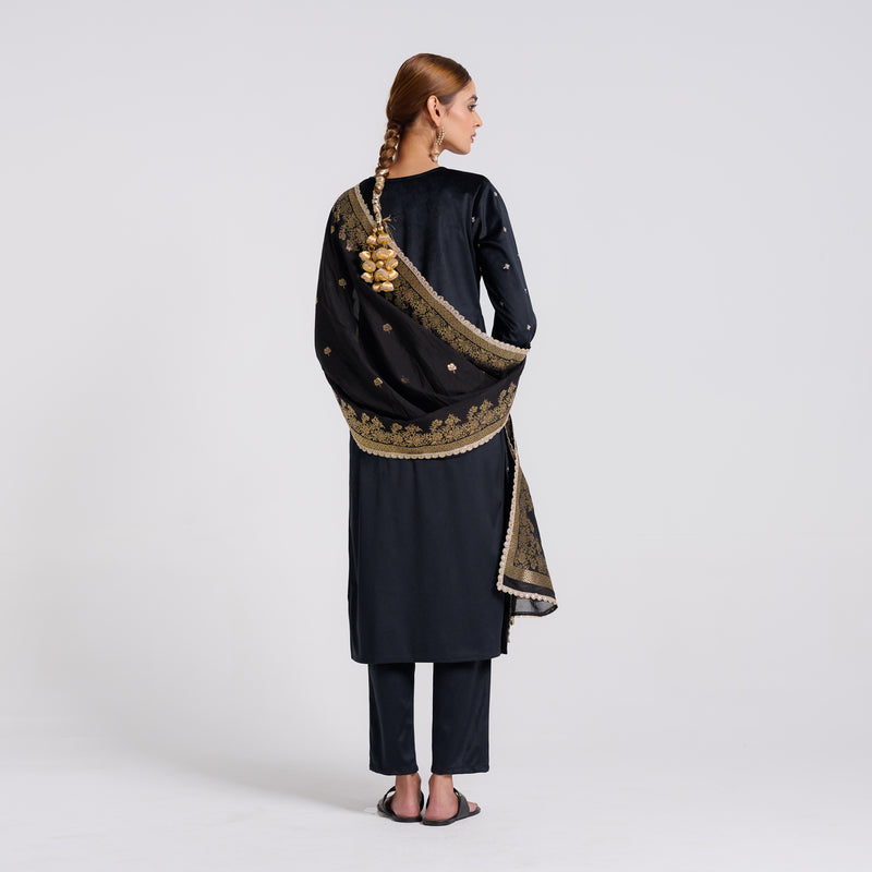 Black Varak Embroidered Velvet Set with Brocade Dupatta