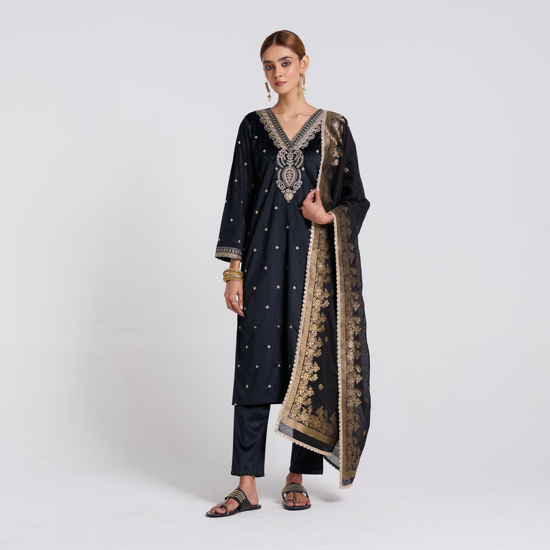 Black Varak Embroidered Velvet Set with Brocade Dupatta