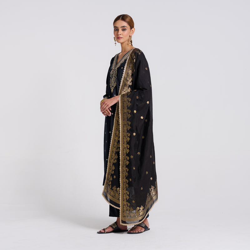 Black Varak Embroidered Velvet Set with Brocade Dupatta