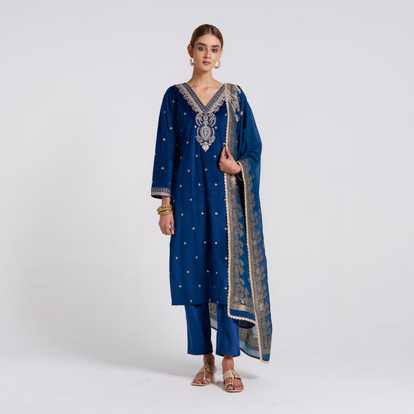 Royal Blue Varak Embroidered Velvet Set with Dupatta