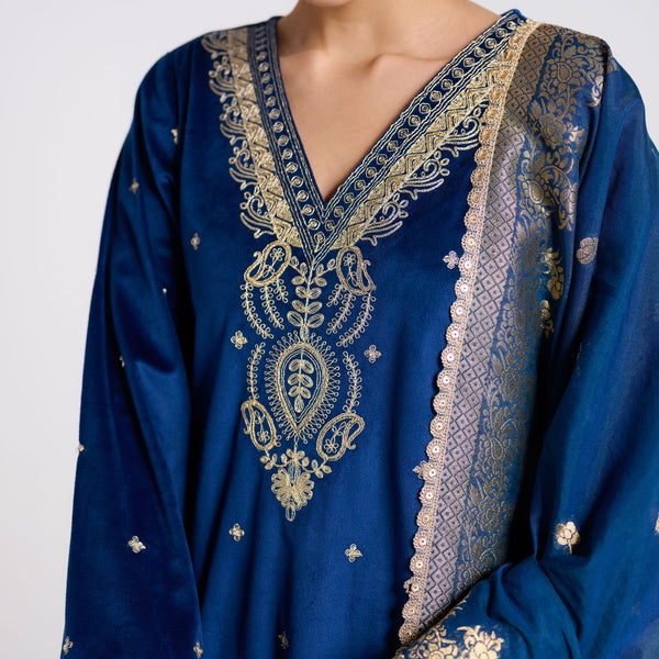 Royal Blue Varak Embroidered Velvet Set with Brocade Dupatta