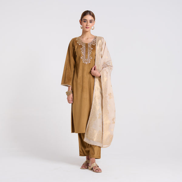 Brown Ochre Embroidered Noor Velvet Set with Dupatta