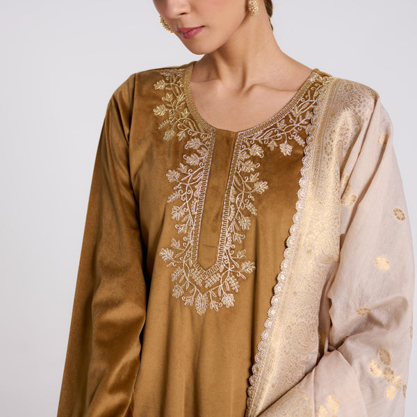 Brown Ochre Embroidered Noor Velvet Set with Dupatta