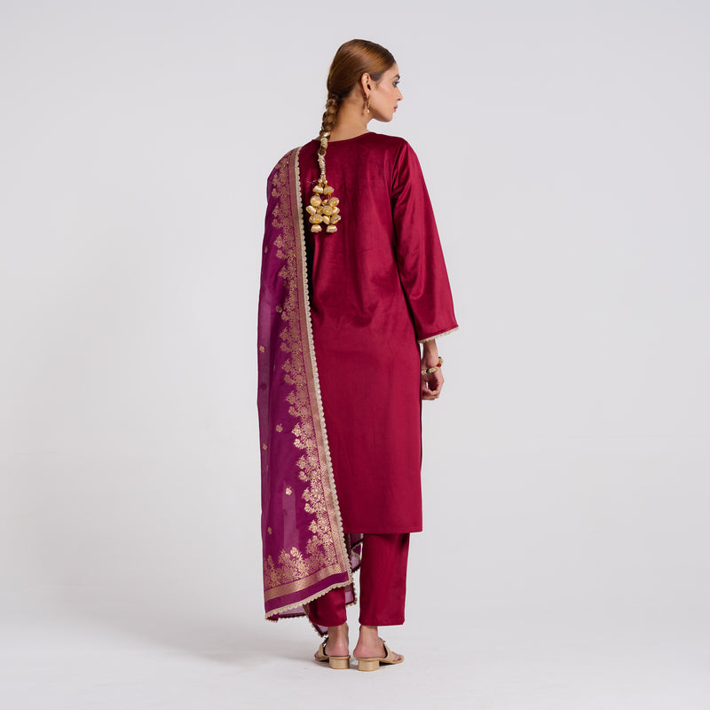 Maroon Embroidered Noor Velvet Set with Brocade Dupatta