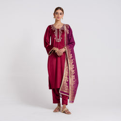 Maroon Embroidered Noor Velvet Set with Brocade Dupatta