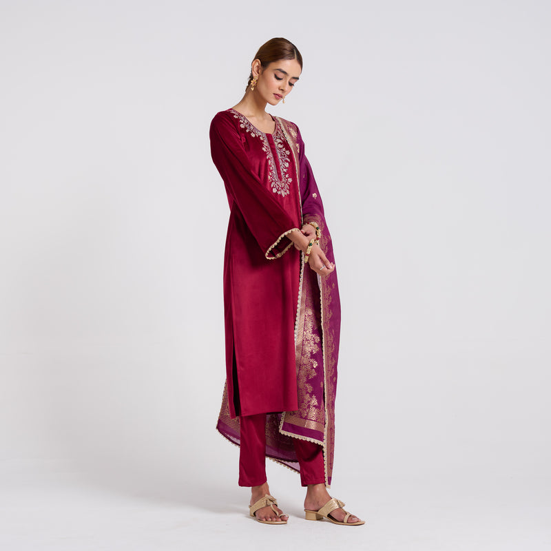 Maroon Embroidered Noor Velvet Set with Brocade Dupatta