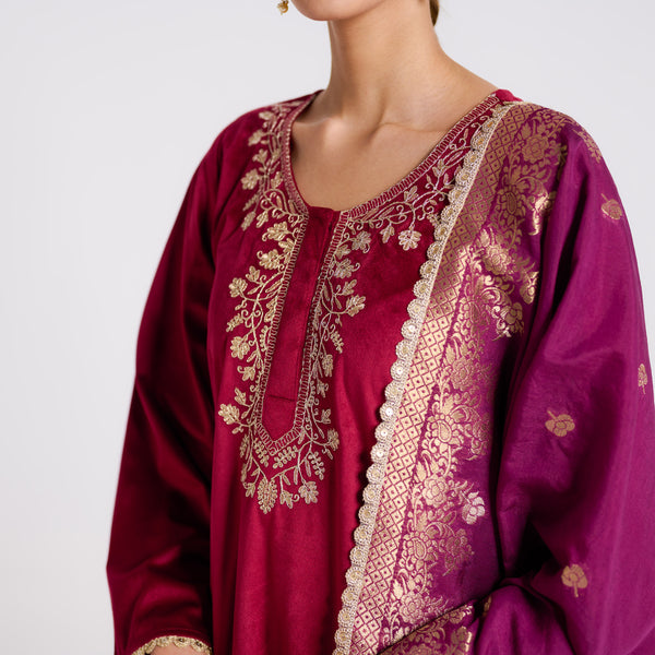 Maroon Embroidered Noor Velvet Set with Dupatta