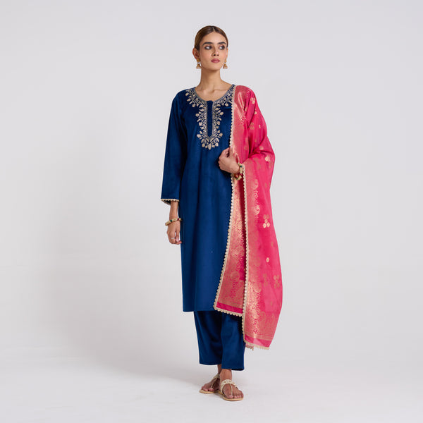 Navy Embroidered Noor Velvet Set with Dupatta