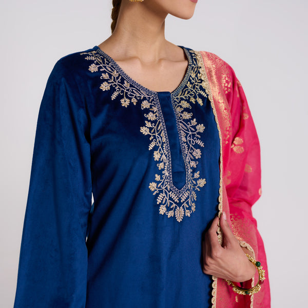 Navy Embroidered Noor Velvet Set with Brocade Dupatta