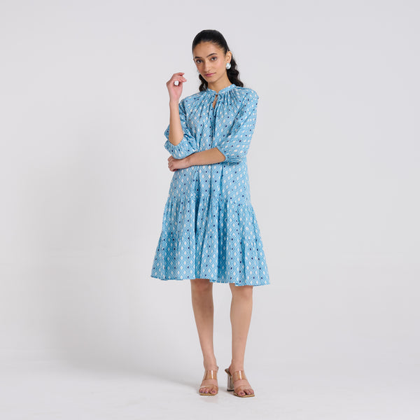 Sky Blue Pure Cotton Tier Dress with Neckline Detail