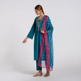 Teal Embroidered Zareen Velvet Set with Dupatta