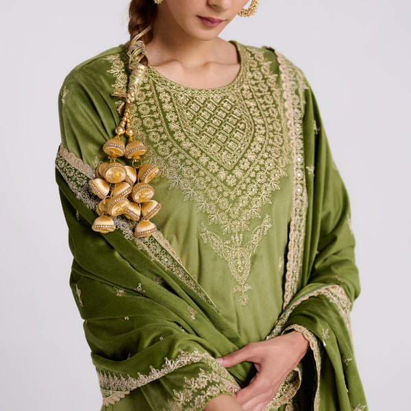 Olive Embroidered Gulzaar Velvet Set with Dupatta