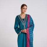 Teal Embroidered Zareen Velvet Set with Dupatta