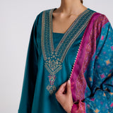 Teal Embroidered Zareen Velvet Set with Dupatta