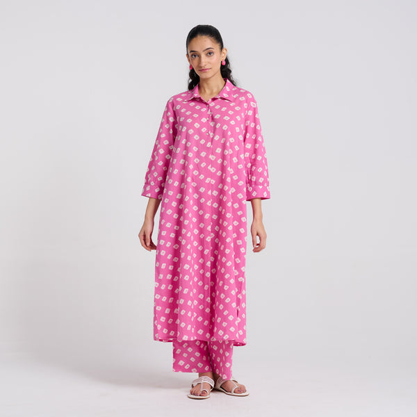 Pink Breezy Pure Cotton Kurta Pant Set with Shirt Collar