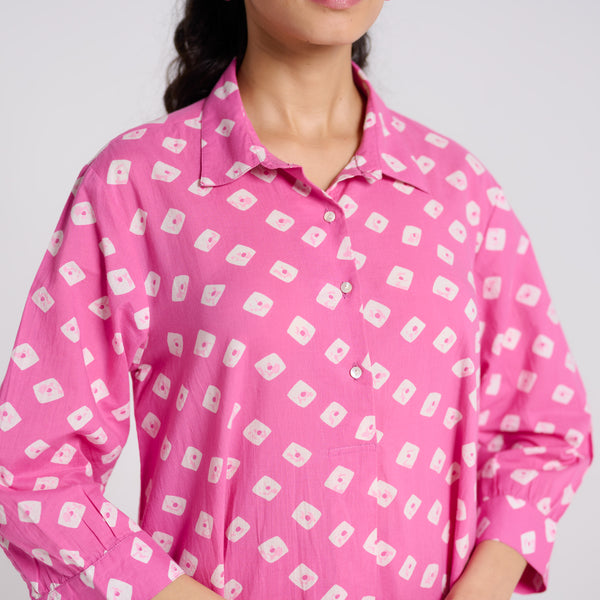 Pink Breezy Pure Cotton Kurta Pant Set with Shirt Collar