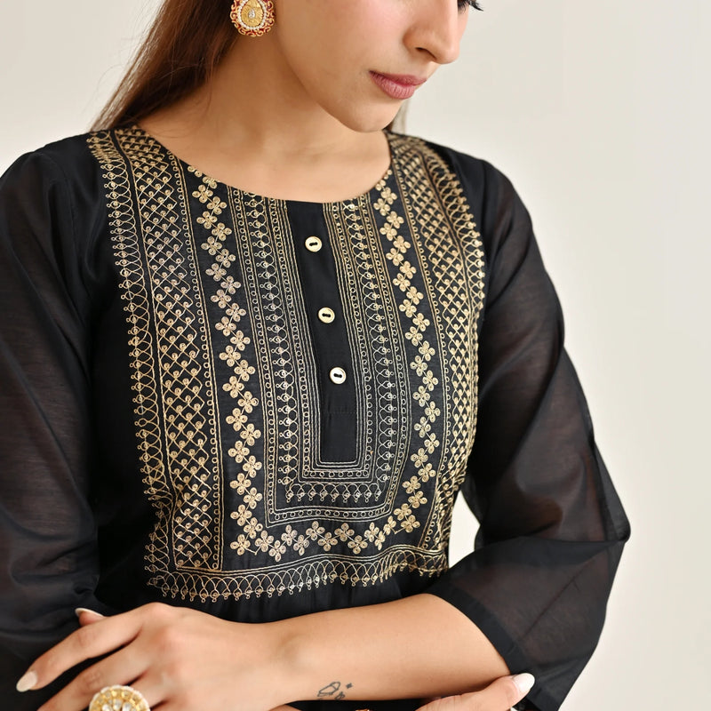 Black Festive Embroidered Kurta Set with Embroidered Dupatta