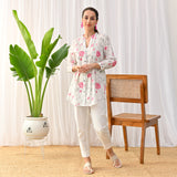 White Sanganeri Printed Shirt Tunic with Pintuck Details