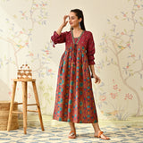 Maroon Floral Printed Cotton Dress with Puff Sleeves