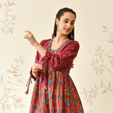 Maroon Floral Printed Cotton Dress with Puff Sleeves